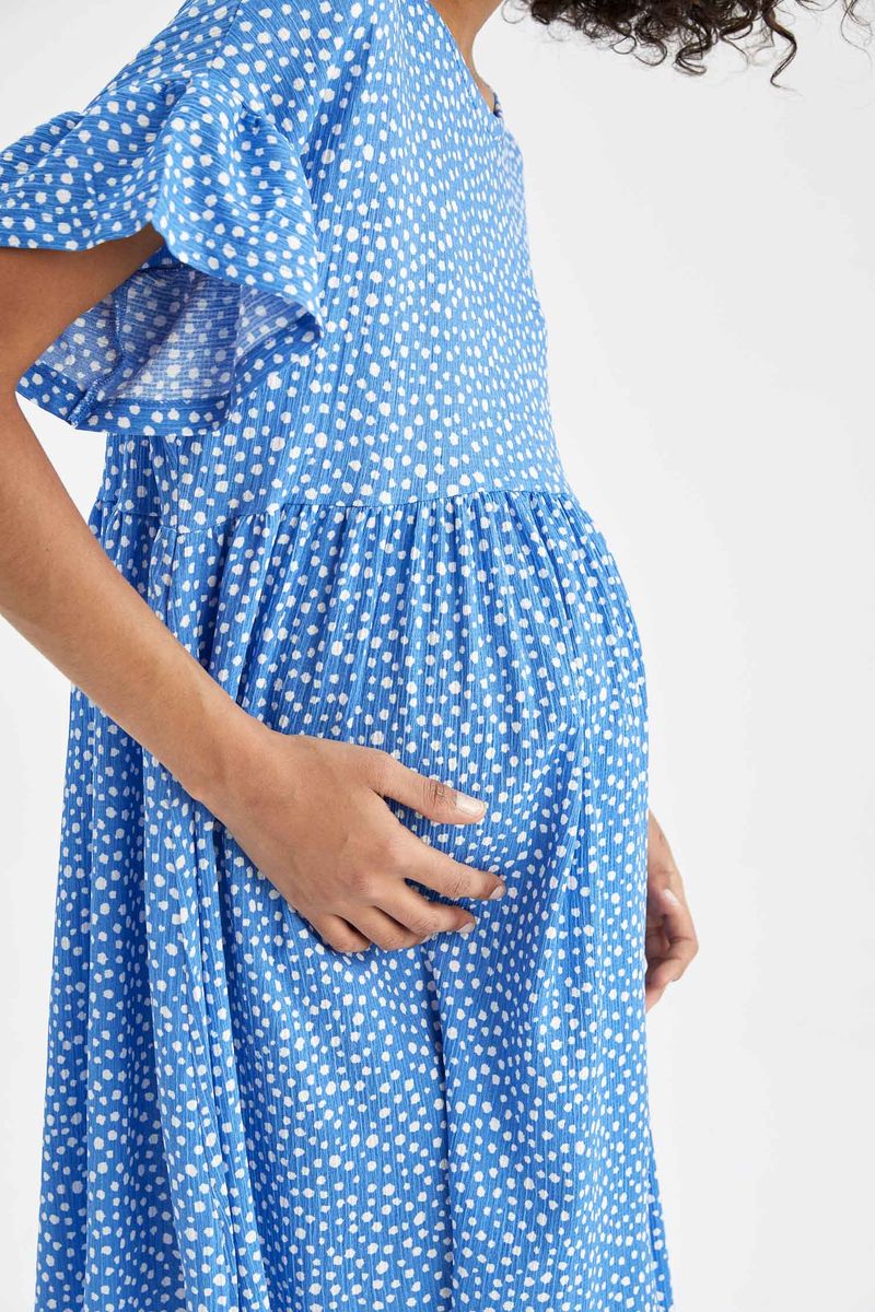 Woman - A Line Short Sleeve Maternity Dress - Blue