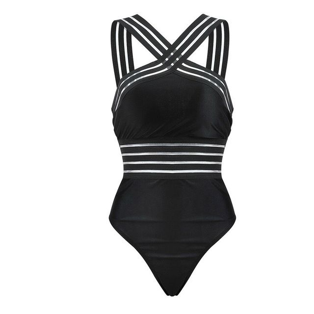 Sexy Black Striped One Piece Bikini Women's Bandage Push Up Monokini Swimwear Swimsuit Beach Triangle Bathing Suit(#Black)