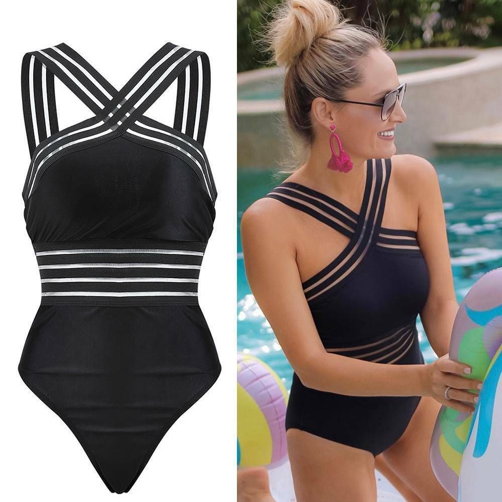 Sexy Black Striped One Piece Bikini Women's Bandage Push Up Monokini Swimwear Swimsuit Beach Triangle Bathing Suit(#Black)