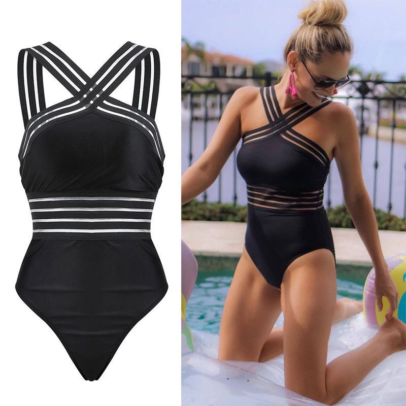 Sexy Black Striped One Piece Bikini Women's Bandage Push Up Monokini Swimwear Swimsuit Beach Triangle Bathing Suit(#Black)