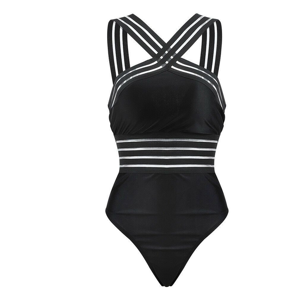 Sexy Black Striped One Piece Bikini Women's Bandage Push Up Monokini Swimwear Swimsuit Beach Triangle Bathing Suit(#Black)