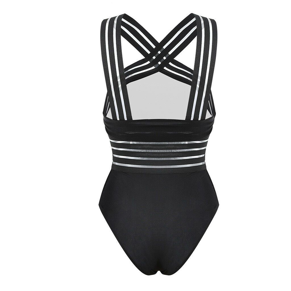 Sexy Black Striped One Piece Bikini Women's Bandage Push Up Monokini Swimwear Swimsuit Beach Triangle Bathing Suit(#Black)