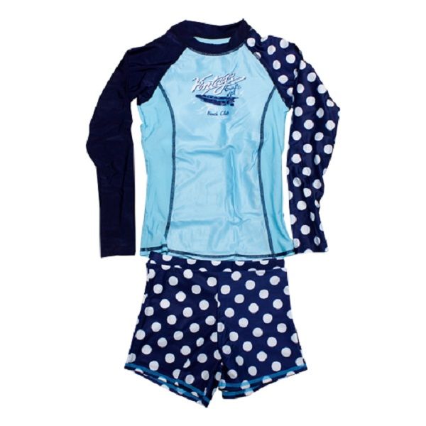 Two Pieces, Ladies Long Sleeve Swim Suit -Blue And White