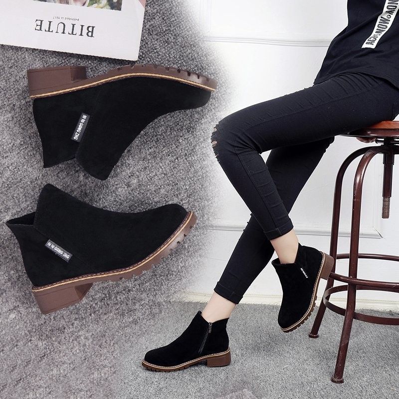 Women's Low Heel Casual Boots - Black