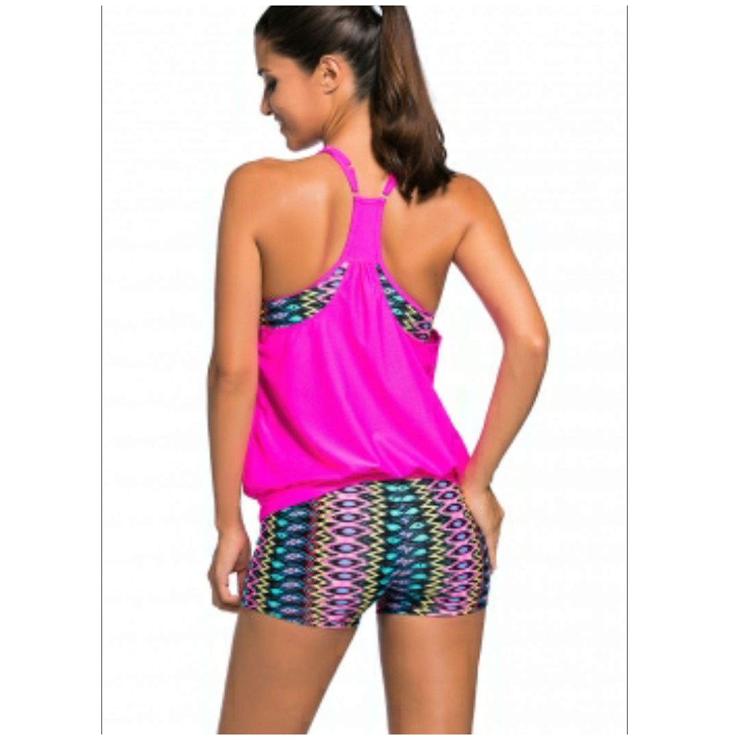 R Colorful Print Insert Padded Rosy Tankini Swimsuit