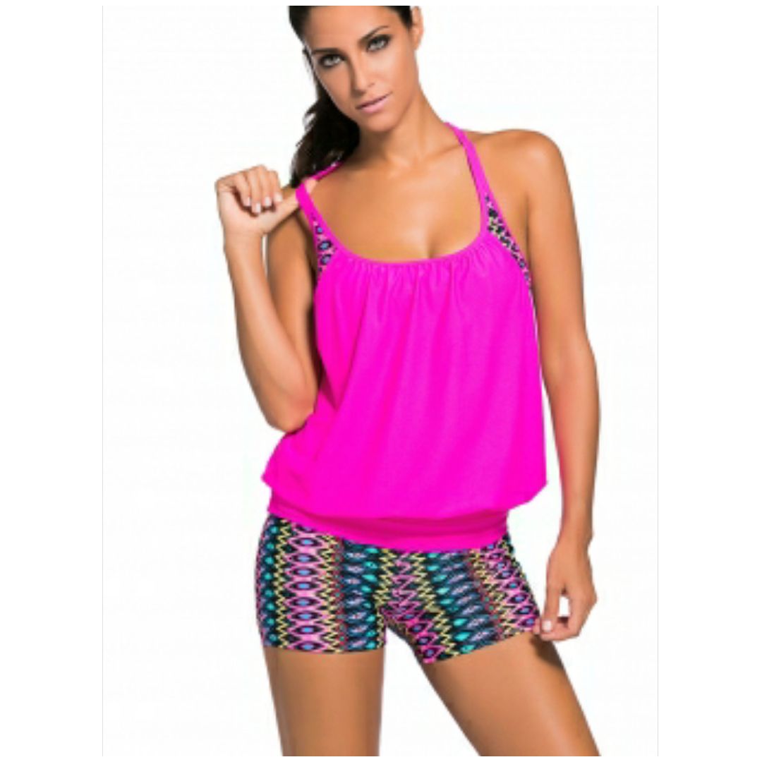 R Colorful Print Insert Padded Rosy Tankini Swimsuit