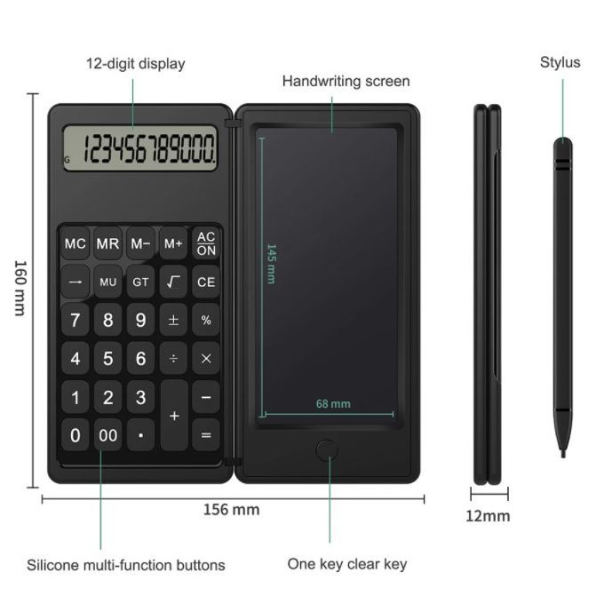 Foldable Calculator 6 Inch LCD Writing Tablet Digital Drawing Pad 12 Digits Display With Stylus Pen