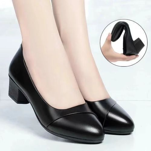 Ladies Fashion Thick Heel Work Shoes-Black