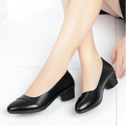 Ladies Fashion Thick Heel Work Shoes-Black