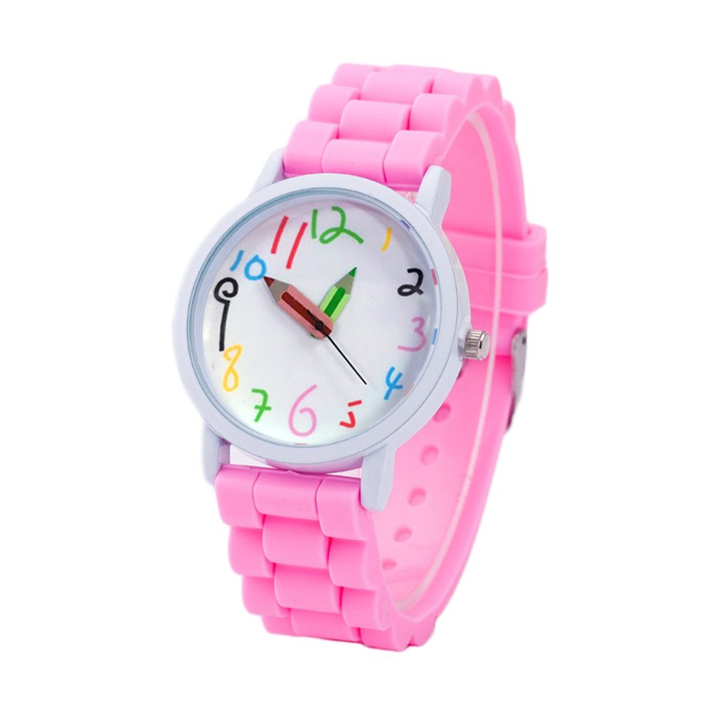 Cartoon Children Kids Round Dial Silicone Strap Analog-Pink