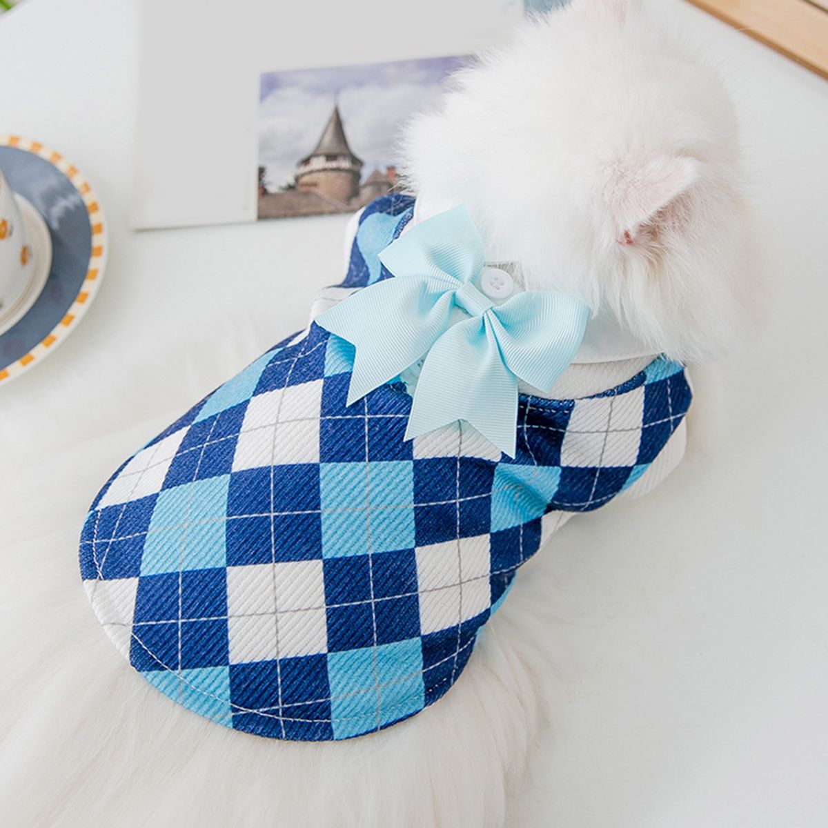 Dog Skirt College Style Summer Print Cat Dog Dress Pet Apparel Blue