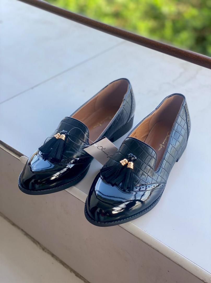Tassle Loafers/Flat Shoes- Black, Patent And Crocodile Leather