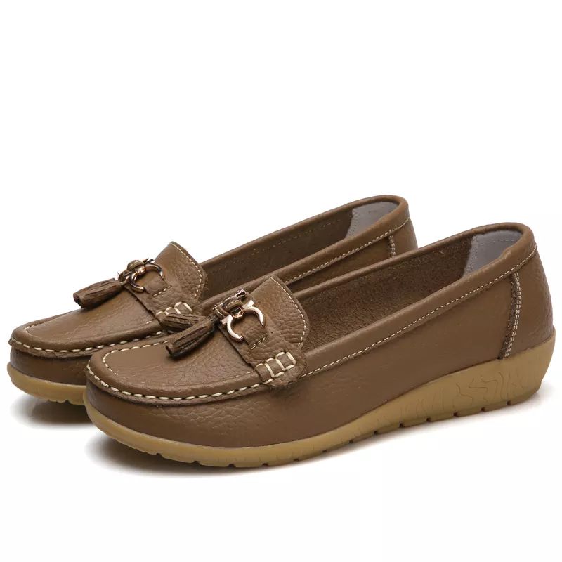 Ladies Leather Shoes Flat Loafers - Coffee