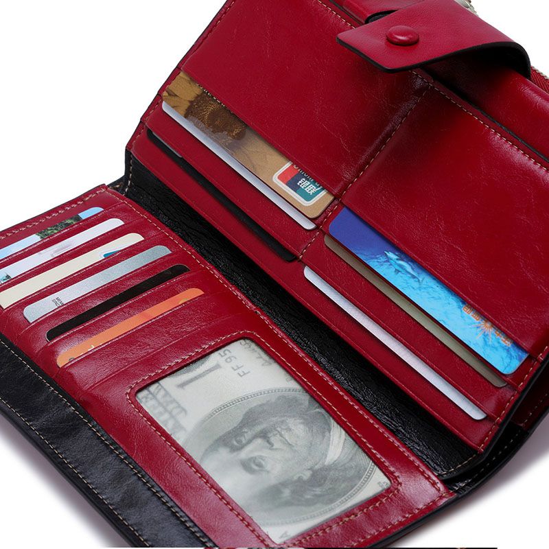 100%  Leather Wallet Women Long Female Ladies Wallets Cowhide Leather Luxury Designer Money Walet Women Purse  Perse-Coffee