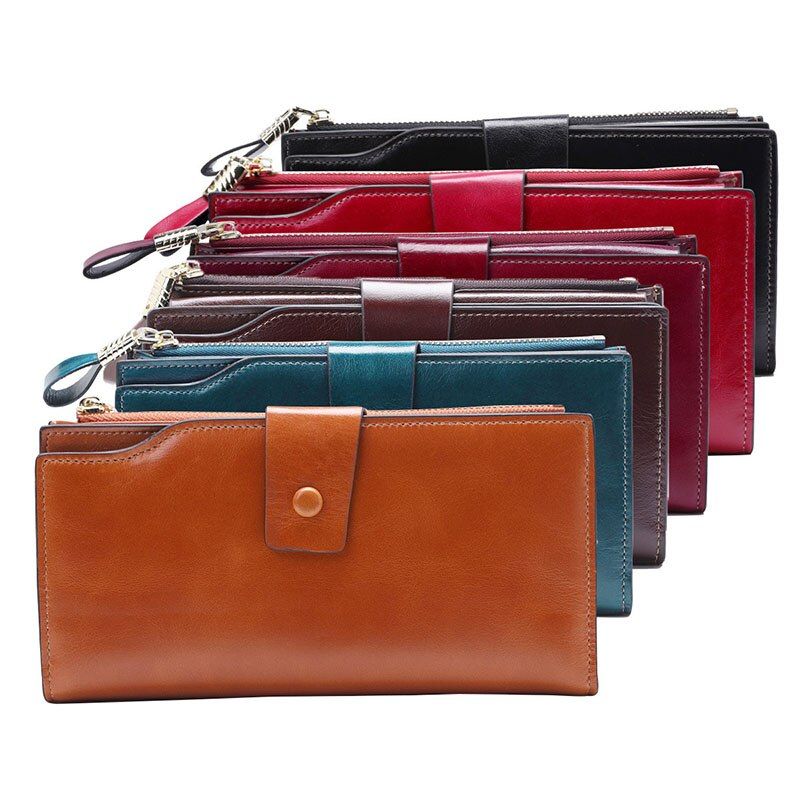 100%  Leather Wallet Women Long Female Ladies Wallets Cowhide Leather Luxury Designer Money Walet Women Purse  Perse-Coffee