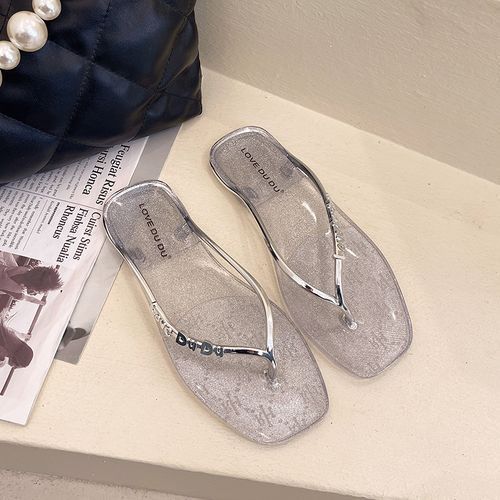 Crystal Sandals Women's High-end Flip-Flops Elegant Summer Princess Shoes Fashion Letter Design Sexy Slippers Ladies Dinner Shoes Female Footwear Silver