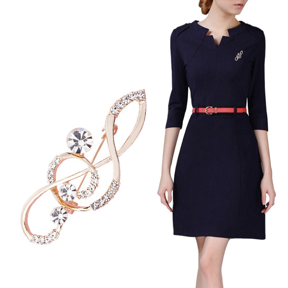 Women's Rhinestone Music Note Scarf Brooch Rose Gold Treble Clef Pin Jewelry-Rose Gold