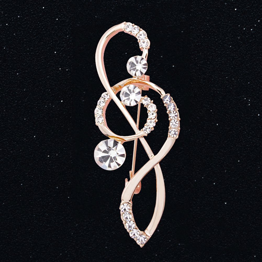 Women's Rhinestone Music Note Scarf Brooch Rose Gold Treble Clef Pin Jewelry-Rose Gold