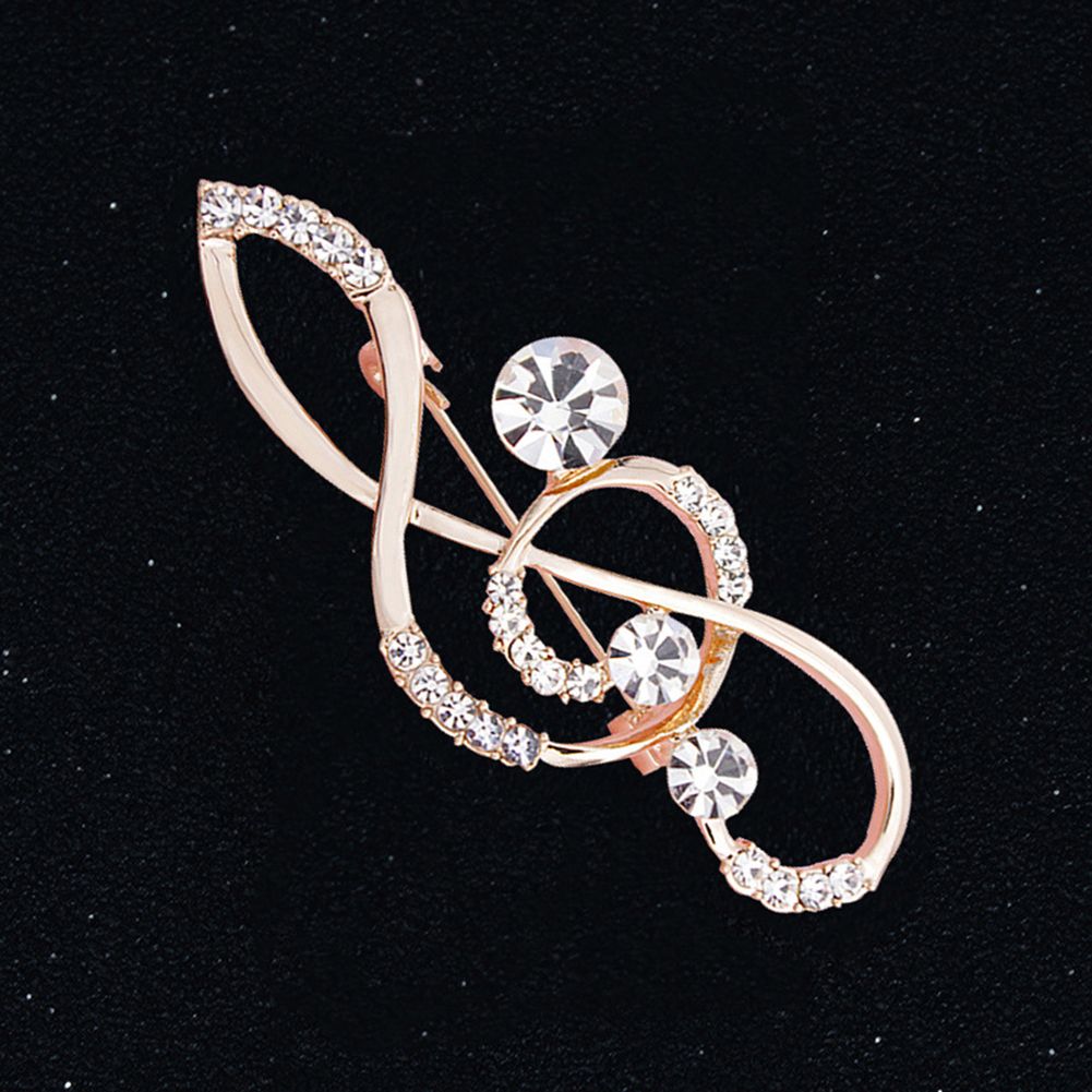 Women's Rhinestone Music Note Scarf Brooch Rose Gold Treble Clef Pin Jewelry-Rose Gold