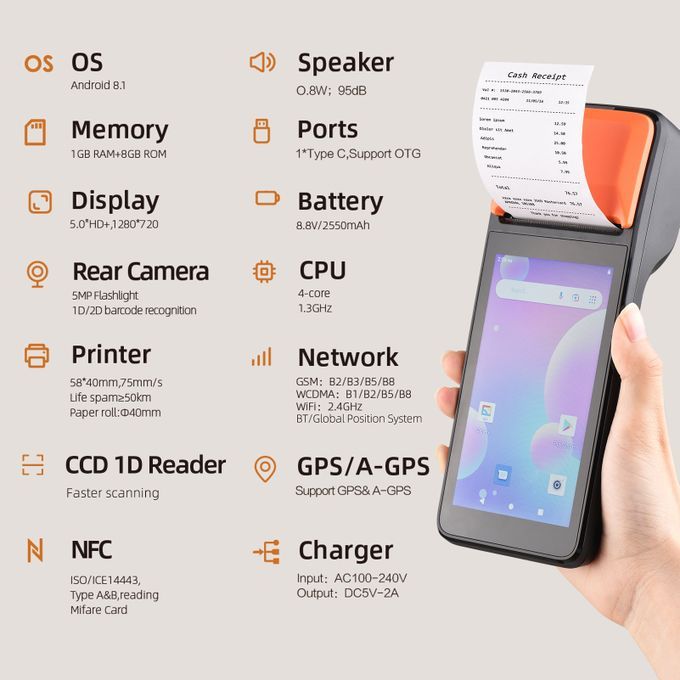 Handheld 3G POS Receipt Printer Android 8.1 1D/2D Barcode Scanner PDA Terminal - NFC Version