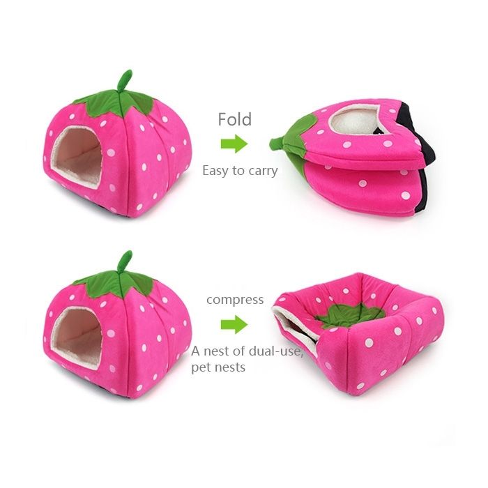 Pet Bed Strawberry Shaped Foldable Short Plush Pet House