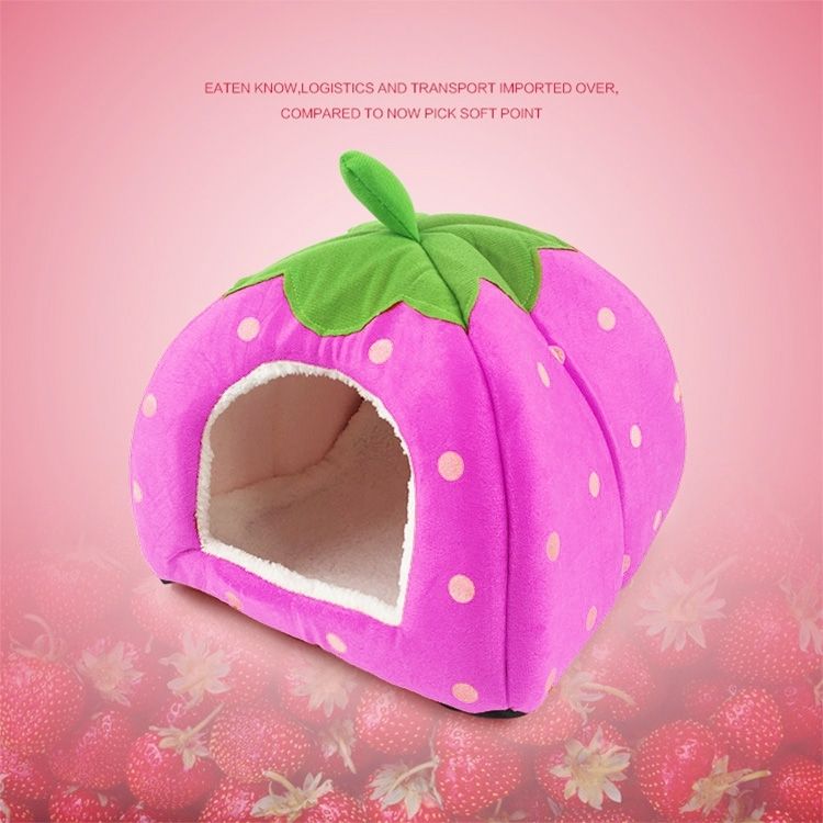 Pet Bed Strawberry Shaped Foldable Short Plush Pet House