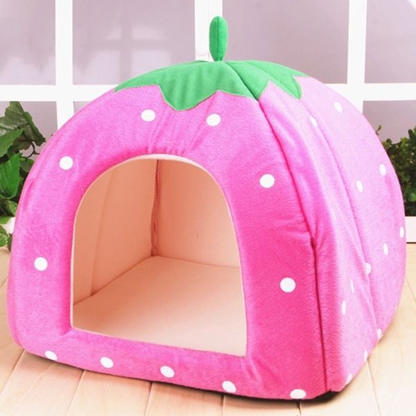 Pet Bed Strawberry Shaped Foldable Short Plush Pet House