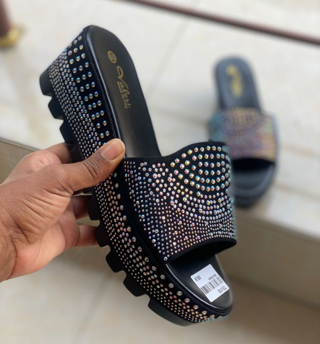 Ladies Fashion Wedge Mid Heel Slippers-Black