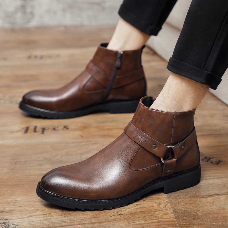 Men Leathe Boots Ankle Martin Chelsea Boots Pointed Brown
