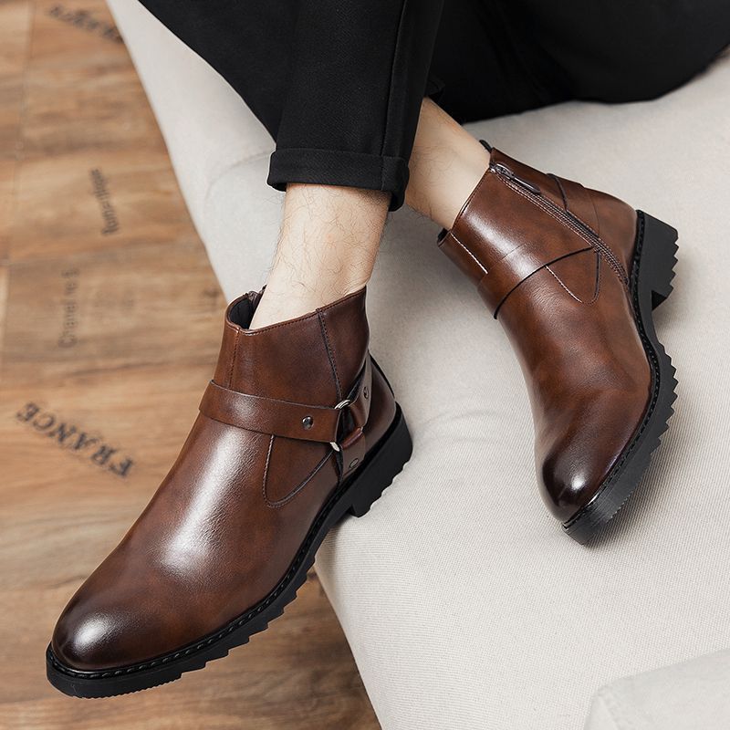 Men Leathe Boots Ankle Martin Chelsea Boots Pointed Brown