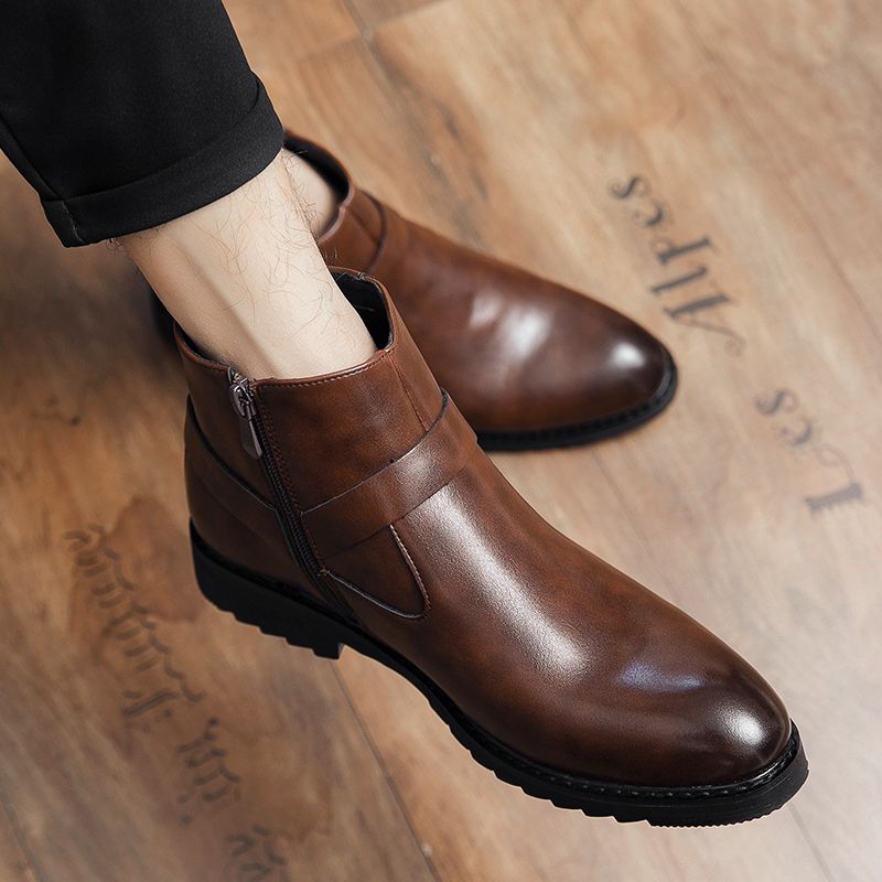 Men Leathe Boots Ankle Martin Chelsea Boots Pointed Brown