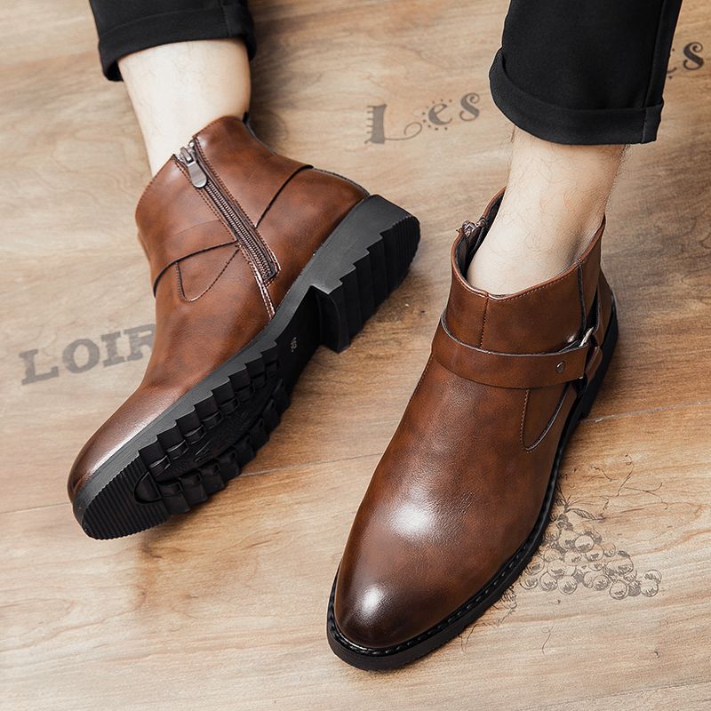 Men Leathe Boots Ankle Martin Chelsea Boots Pointed Brown