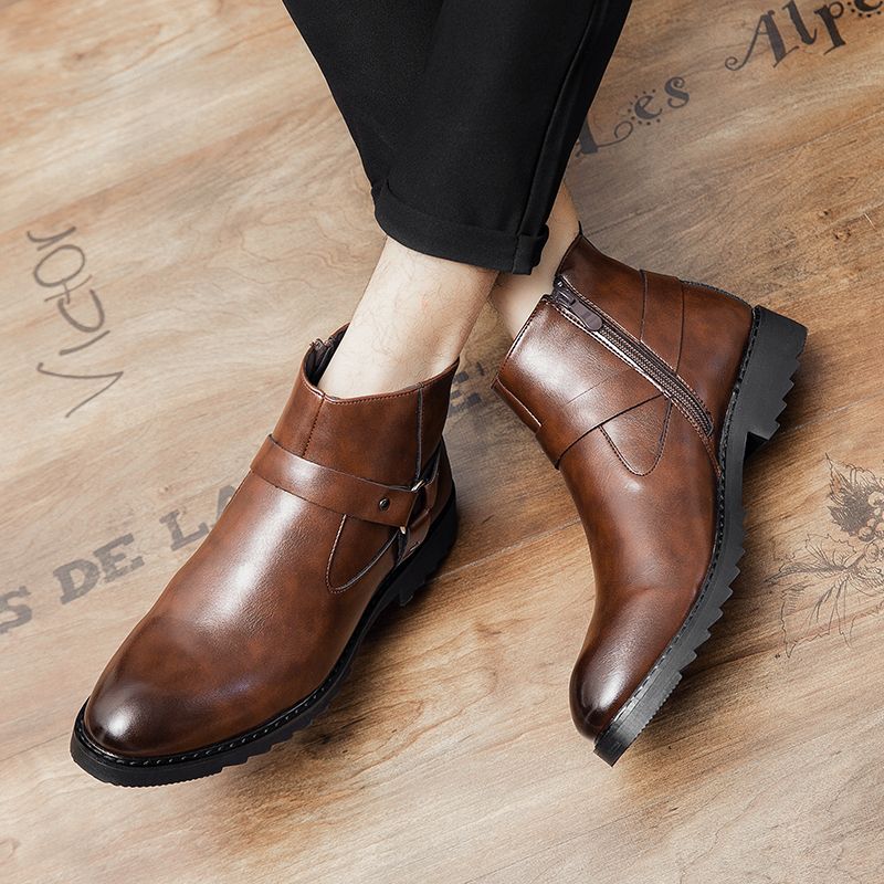 Men Leathe Boots Ankle Martin Chelsea Boots Pointed Brown
