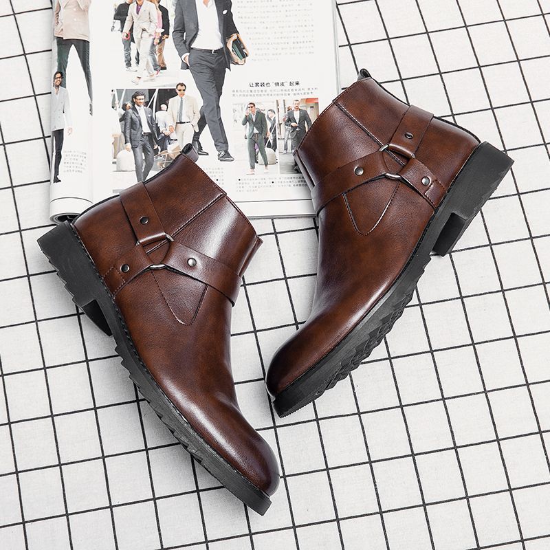 Men Leathe Boots Ankle Martin Chelsea Boots Pointed Brown