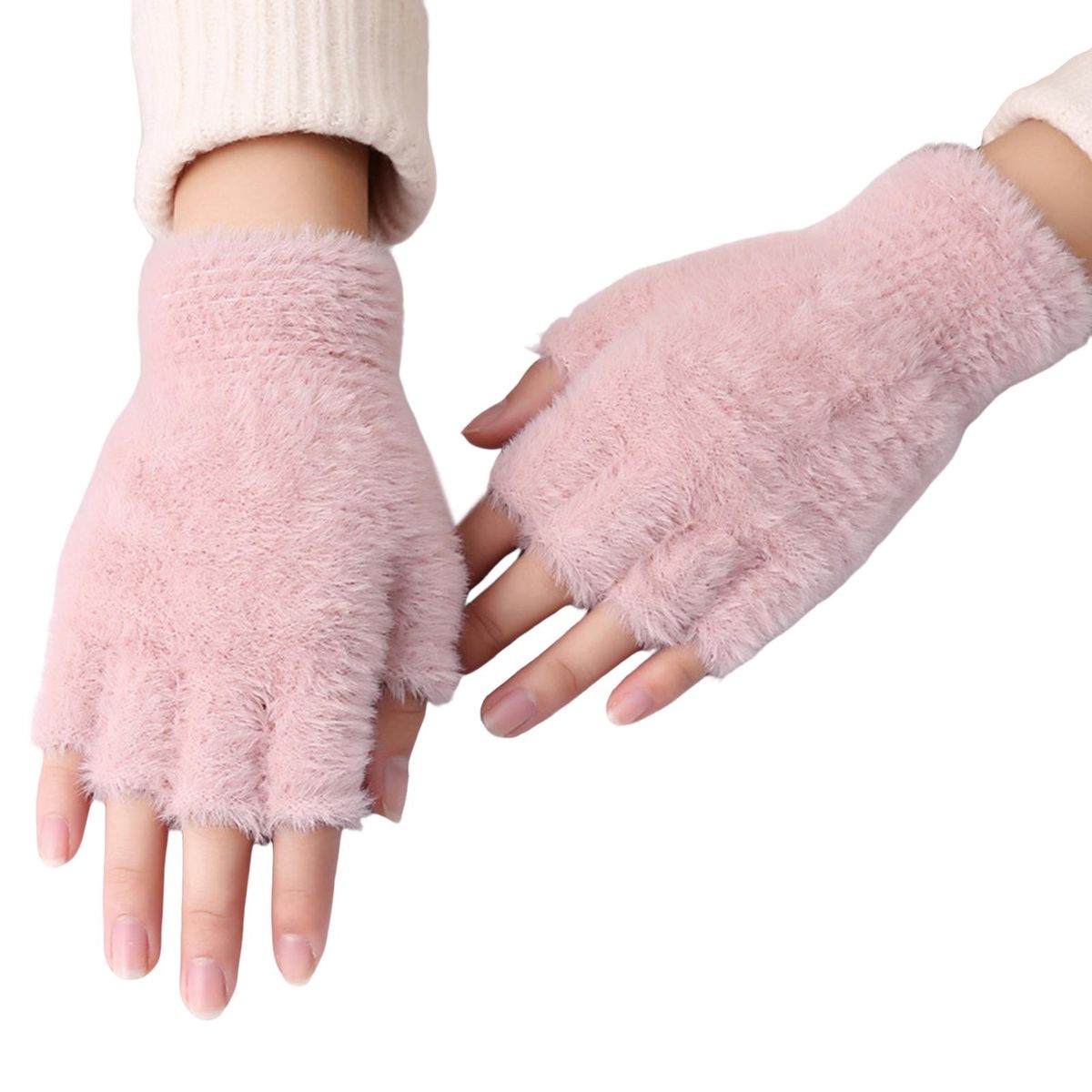 1 Pair Winter Women Fluffy Stretchy Hand Warmer Pink
