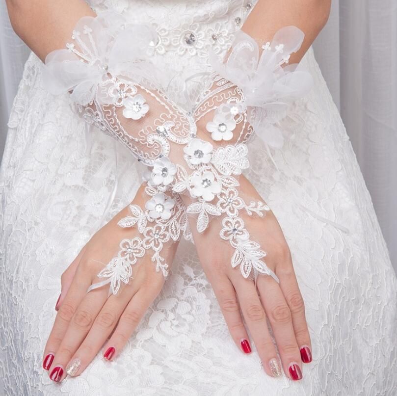 Women Wedding Fingerless Gloves Lace Faux Pearl Floral Gown