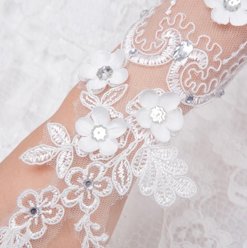 Women Wedding Fingerless Gloves Lace Faux Pearl Floral Gown