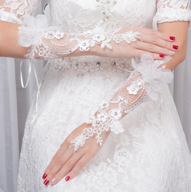 Women Wedding Fingerless Gloves Lace Faux Pearl Floral Gown