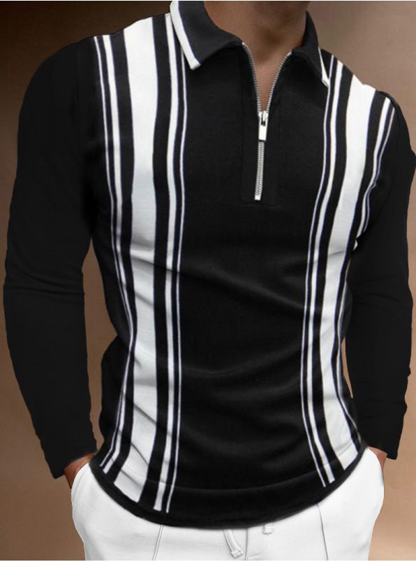 Men's Striped Shirts Long-sleeved Polo Shirt - Black