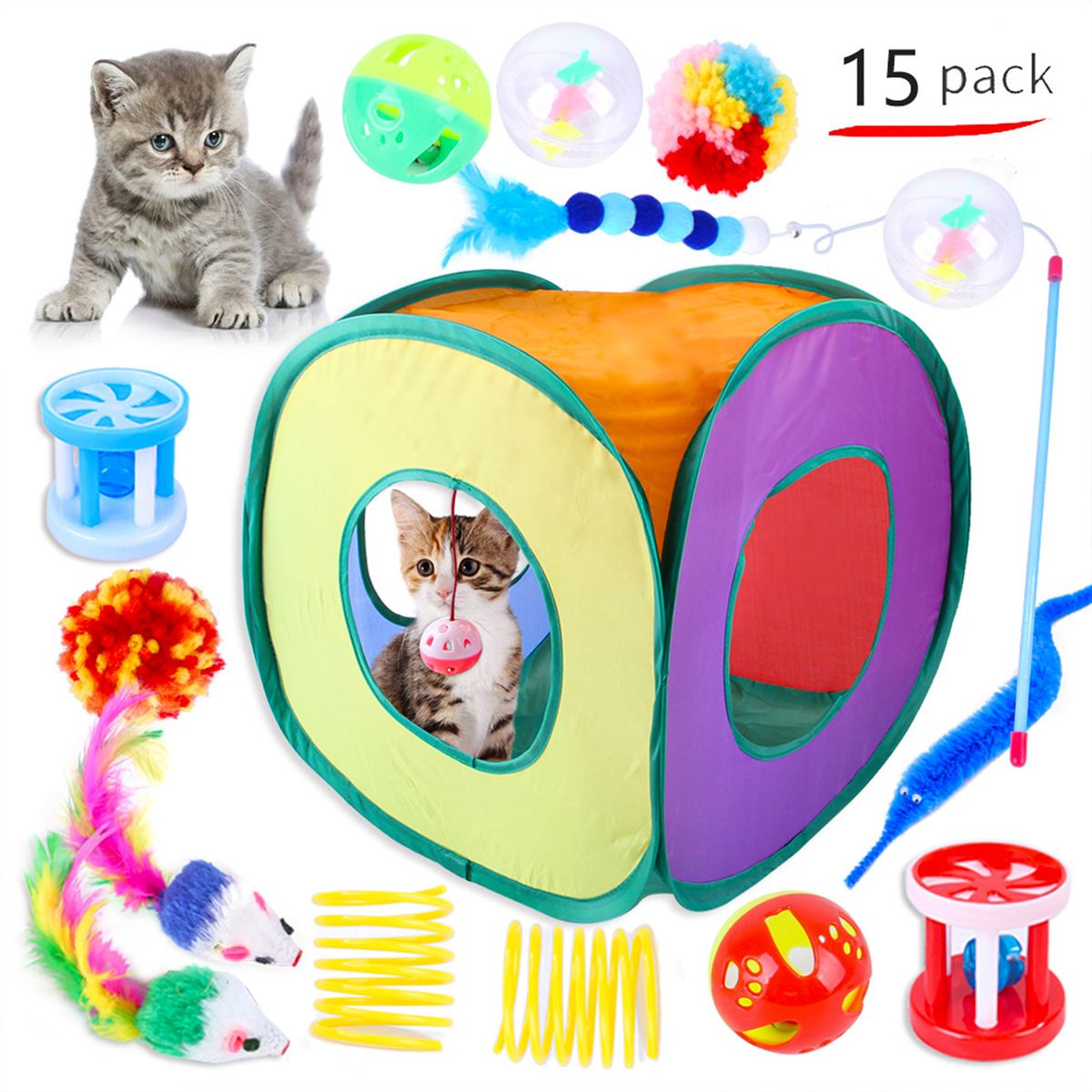 Cat Toys 15PCS Kitten Toys Set Interactive Cat Toys For