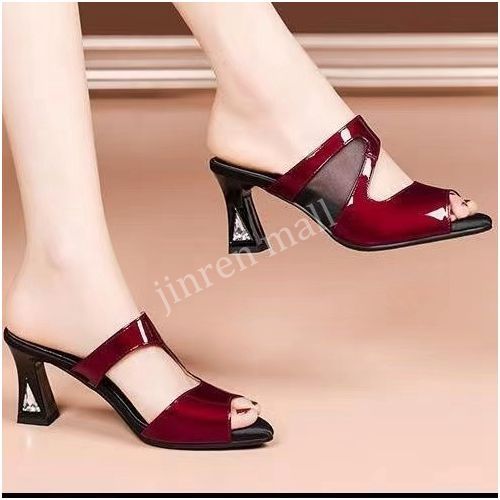 Ladies Sandals Fashion High Heel Block Heel Slippers - Red