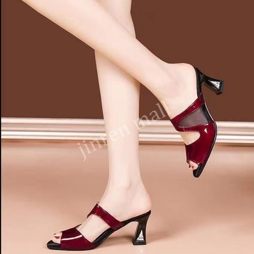 Ladies Sandals Fashion High Heel Block Heel Slippers - Red