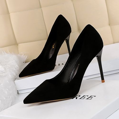 Ladies Pointed Pumps Suede Simple Thin Elegant Shoes Black
