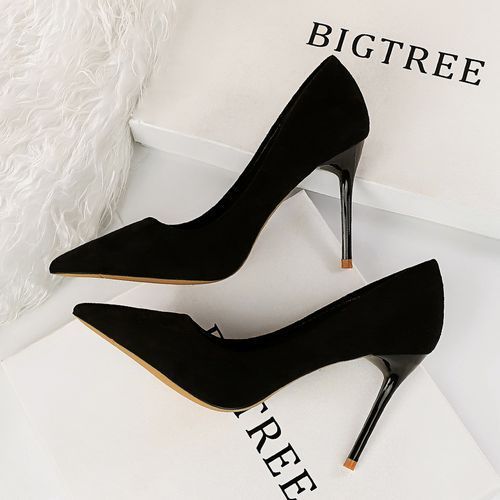 Ladies Pointed Pumps Suede Simple Thin Elegant Shoes Black