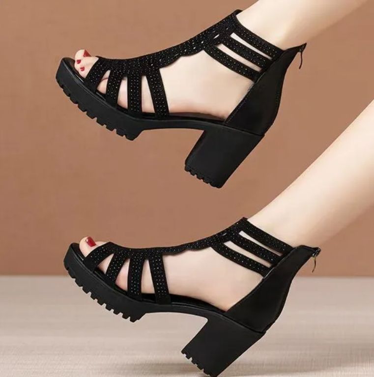 Ladies Block Heel Sandals Zipper Mid Heel Fish Mouth-black