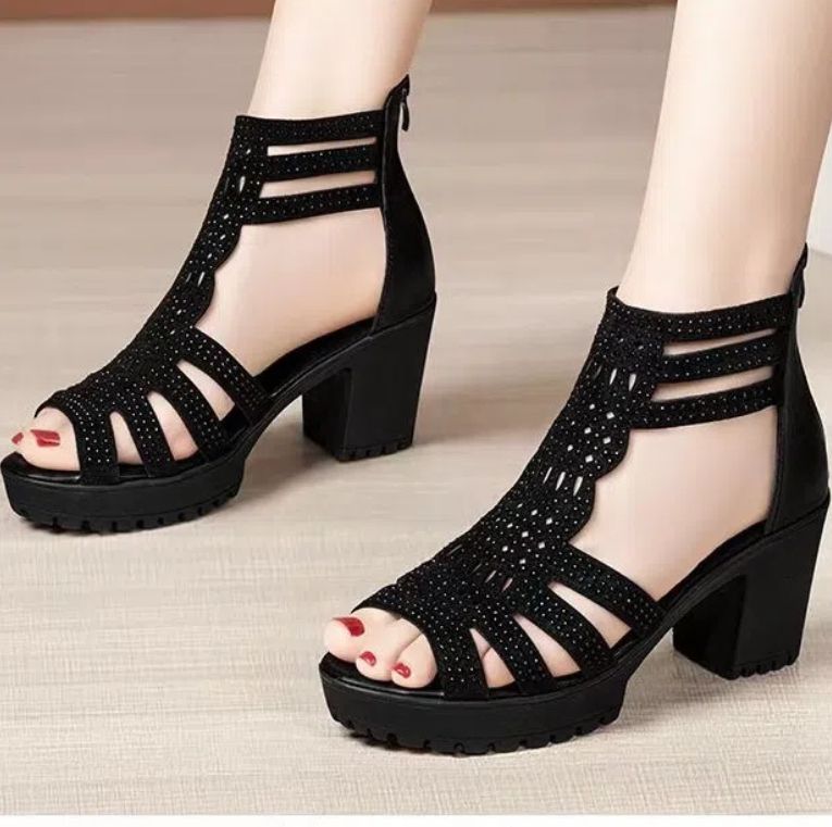 Ladies Block Heel Sandals Zipper Mid Heel Fish Mouth-black