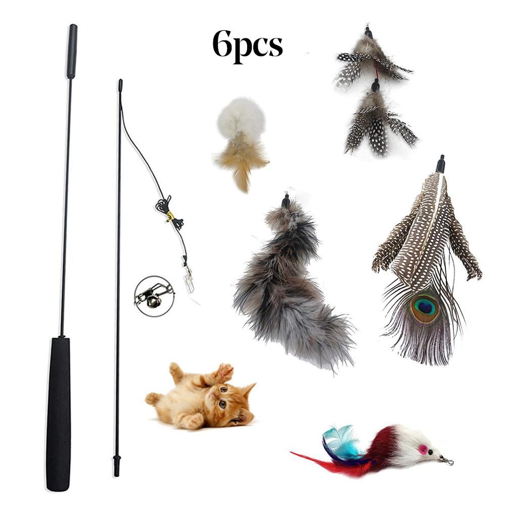 6Pcs Pet Cat Kitten Teaser Feather Bell Mouse Replacement-