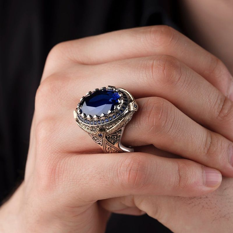 Luxury Blue Gem Men's Anniversary Gift Ring Beach Party Jewelry