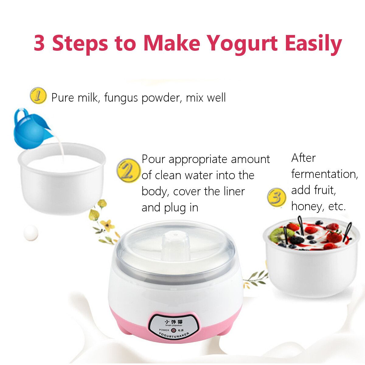 8W 1.0L Yogurt Machine Maker Household Fully Automatic Stainless Steel Small Yogurt Machine Kitchen Tools Stainless Steel Inner /Plastic Inner Pink (Plastic Inner)