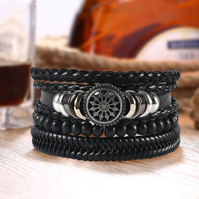 4 In 1 Retro Braided Adjustable Hand Bracelets-Black
